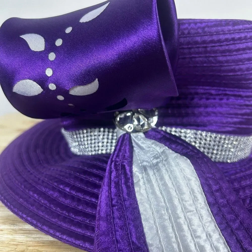 Purple Church Hat Womens Dress Derby Satin Ribbon Rhinestone Bow Top Hat